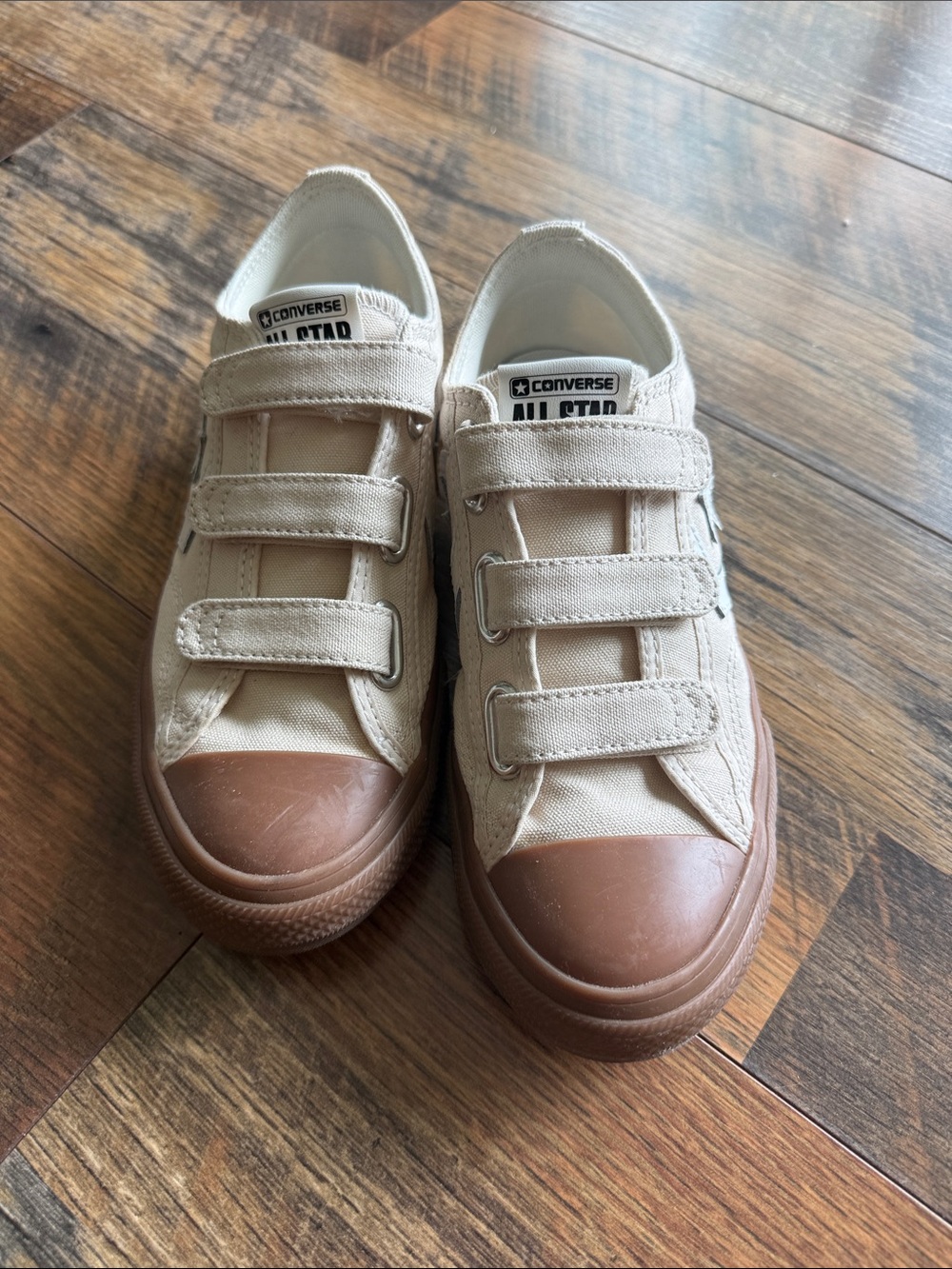 Converse Kids Beige Canvas Velcro Sneakers with Brown Rubber Toe
